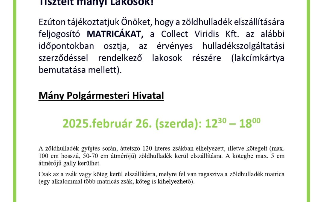 2025 ZÖLDHULLADÉKOS MATRICA ÁTVÉTELE